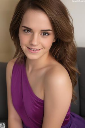 A beautiful young woman in a purple dress posing for a picture.