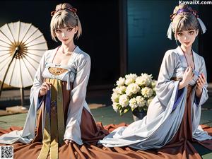 A couple of women in kimonos sitting next to each other.